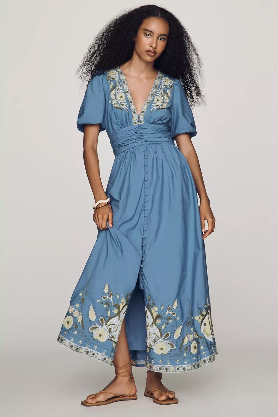 nwt by ANTHROPOLOGIE sz 1X The Katerina Button Front dress in blue embroidery